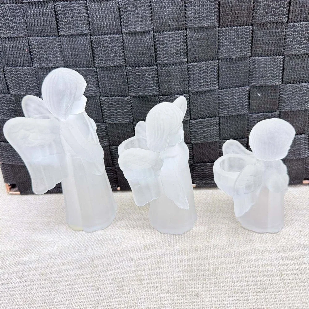 Vintage Frosted Glass Angel Figurine Set of 3 Musical Taper Candle Holders White